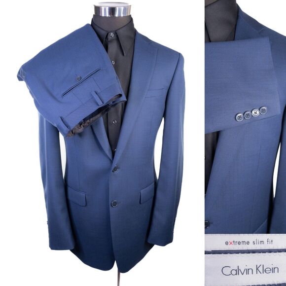 Calvin Klein Men's 2-Pcs Blue Wool Suit Blazer Jacket Sz 42L Pants 37X30 EUC